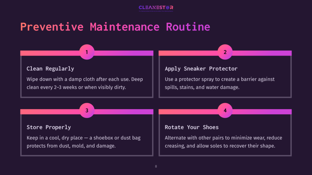 Infographic Titled &Quot;Preventive Maintenance Routine&Quot; With Four Sections: &Quot;Clean Regularly,&Quot; &Quot;Apply Sneaker Protector,&Quot; &Quot;Store Properly,&Quot; And &Quot;Rotate Your Shoes.