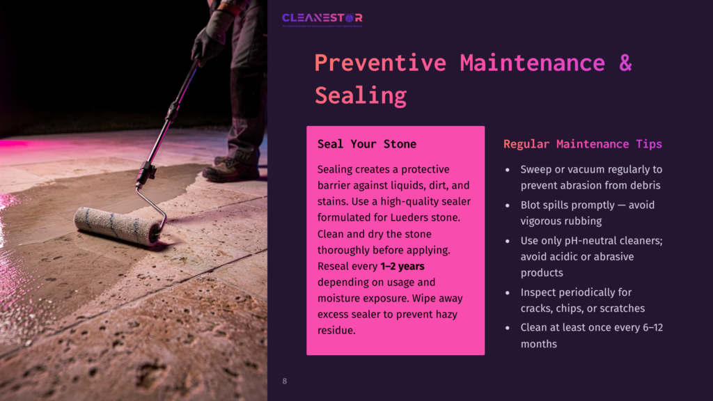 8 Preventive Maintenance And Sealing A Person In Work Clothes Uses A Paint Roller To Apply A Clear Sealant To A Stone Patio. The Image Includes The Text &Quot;Cleanestor&Quot; And &Quot;Seal Your Stone.