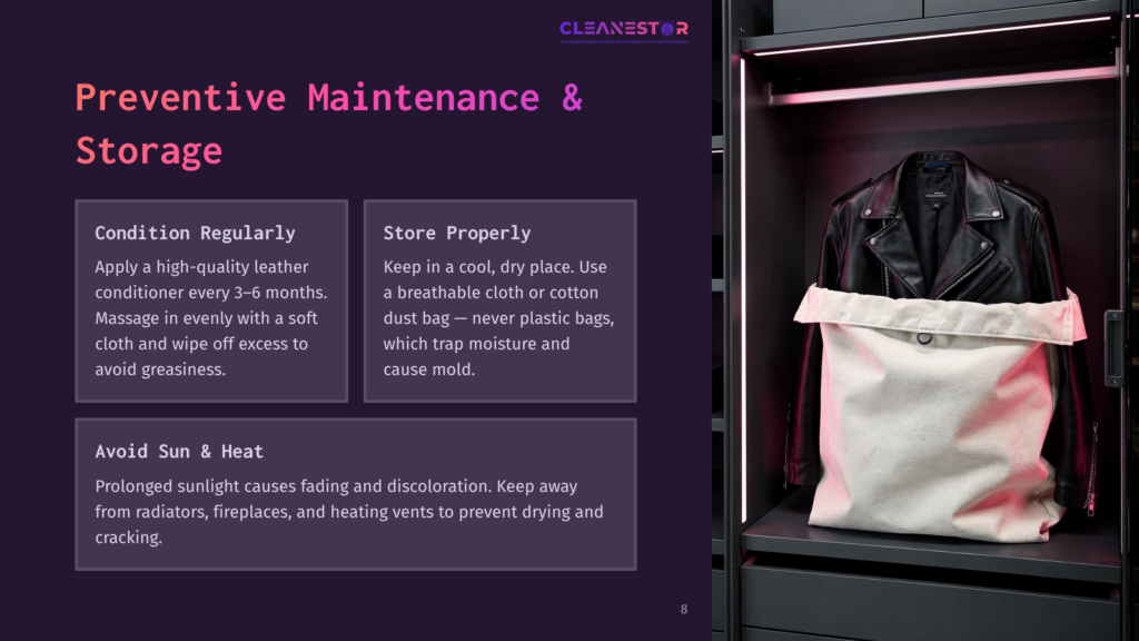 A Black Leather Jacket Hangs In A Modern Closet, With A White Dust Bag Covering The Bottom. Text On The Left Provides Tips For Preventive Maintenance And Storage Of Leather Items, Including Condition Regularly And Store Properly.