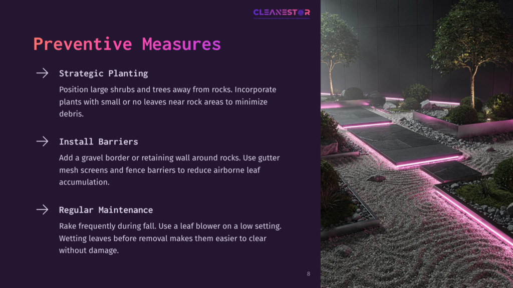 A Serene Japanese Garden At Night, Featuring A Raked Gravel Path, Stone Lanterns, And Meticulously Sculpted Trees Illuminated By Soft Pink Led Lights Embedded In The Pathway And Garden Beds. The Text &Quot;Cleanestor&Quot; Is Visible At The Top.