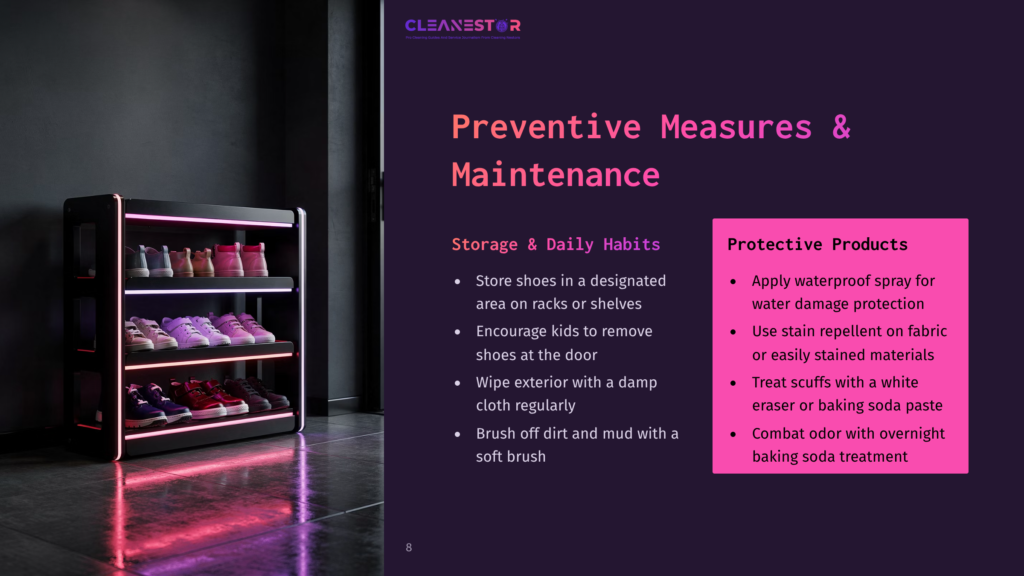 A Modern, Illuminated Shoe Rack With Multiple Shelves Holds Rows Of Colorful Sneakers. The Text &Quot;Cleanestor&Quot; Is Visible At The Top, Next To &Quot;Preventive Measures &Amp; Maintenance&Quot; And &Quot;Protective Products&Quot; Bullet Points.