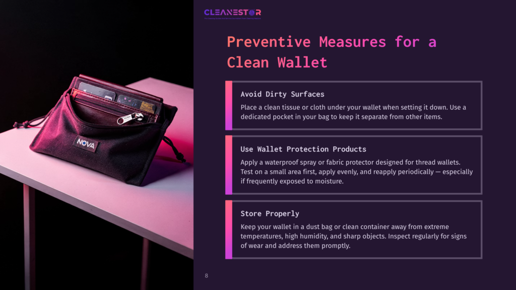 8 Preventive Measures For A Clean Wallet A Black Wallet With A Red Interior Is Shown In A Black Pouch On A White Table, With A Pink Light Shining On It. Text On The Right Side Of The Image Provides Preventive Measures For A Clean Wallet.