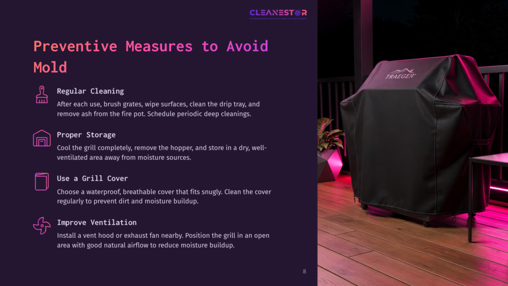 A Black Traeger Grill Cover With The Traeger Logo Is Displayed On A Deck At Night, Illuminated By Purple And Pink Lights. Text On The Left Side Of The Image Provides Preventive Measures For Grill Maintenance, Including &Quot;Preventive Measures To Avoid Mold.