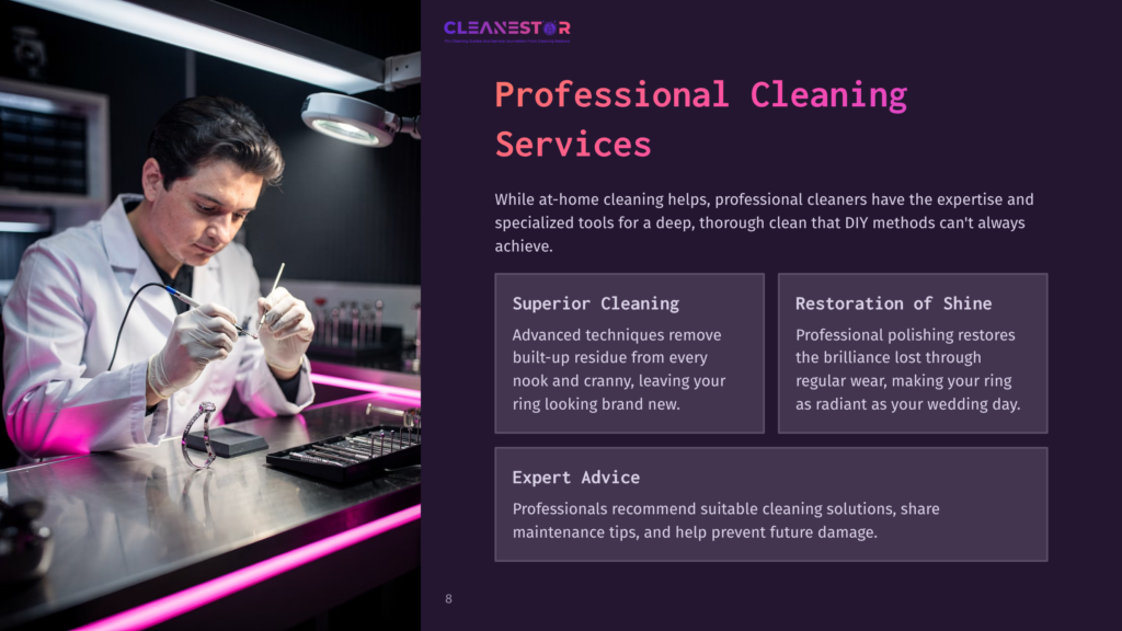 8 Professional Cleaning Services A Professional Jeweler In A White Lab Coat And Gloves Meticulously Cleans A Ring With A Small Tool Under Bright Lights. The Text &Quot;Cleanestor Professional Cleaning Services&Quot; Is Visible.
