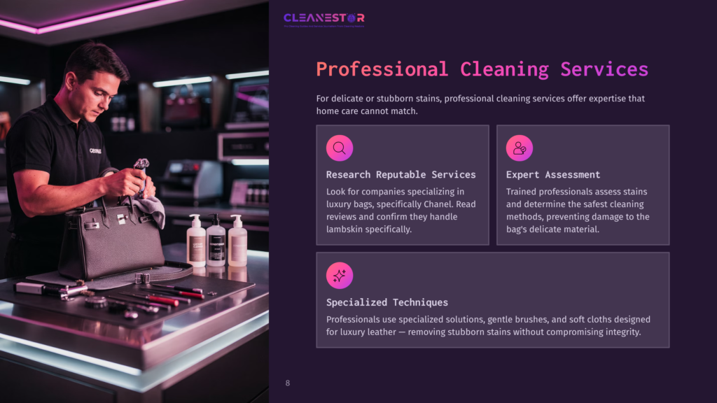 A Man In A Black Polo Shirt Meticulously Cleans A Luxury Handbag With A Cloth, Surrounded By Cleaning Supplies And Bottles. The Cleanestor Logo Is Visible In The Top Left Corner.