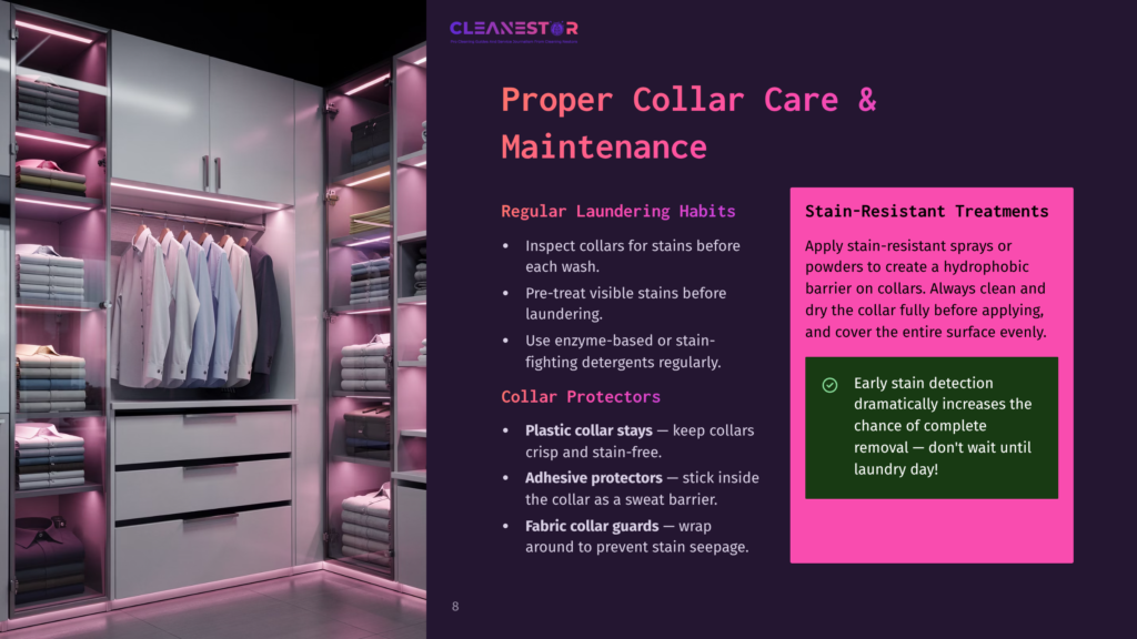 Cleanestor Logo And &Quot;Proper Collar Care &Amp; Maintenance&Quot; Text Overlaying A Luxurious, Modern Walk-In Closet With Neatly Organized Shirts On Hangers, Illuminated By Soft Pink Led Lighting.