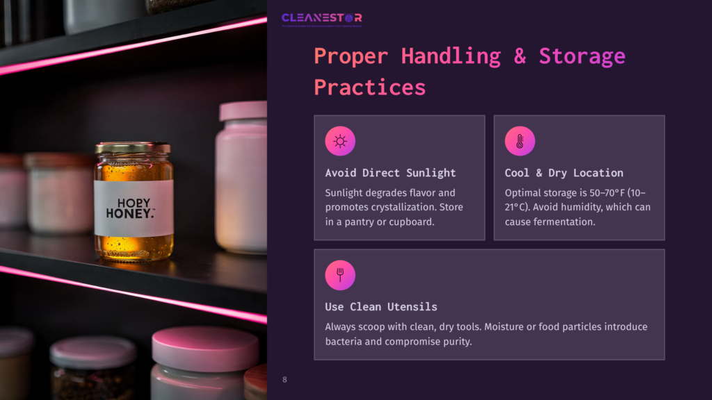 A Close-Up Of A Jar Of Honey Labeled &Quot;Hory Honey&Quot; Sits On A Shelf Next To Two White Jars. The Shelf Is Illuminated By Pink Led Lights, Creating A Vibrant Glow. The Text &Quot;Cleanestor&Quot; Is Visible At The Top Of The Image.