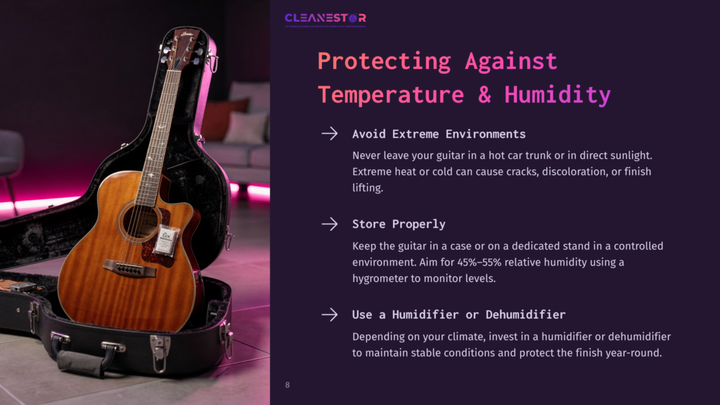 Acoustic Guitar In An Open Case, With Text Overlay &Quot;Cleanestor Protecting Against Temperature &Amp; Humidity&Quot;.