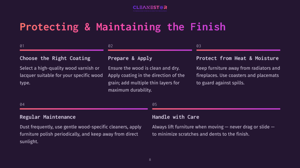 Infographic Titled &Quot;Protecting &Amp; Maintaining The Finish&Quot; With Tips On Wood Care: Choose The Right Coating, Prepare &Amp; Apply, Protect From Heat &Amp; Moisture, Regular Maintenance, And Handle With Care.