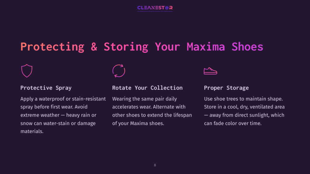 Protecting &Amp; Storing Your Maxima Shoes: Tips For Protective Spray, Rotating Your Collection, And Proper Storage To Maintain Shoe Shape And Color.