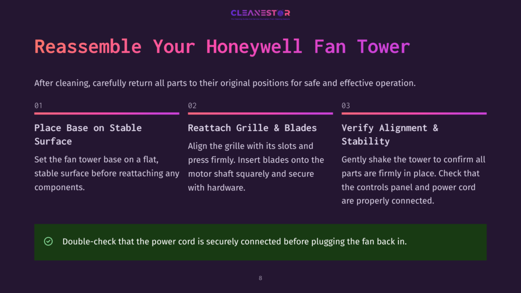 Reassemble Your Honeywell Fan Tower: Place Base, Reattach Grille With Blades, And Verify Alignment And Stability. Ensure Power Cord Is Connected.