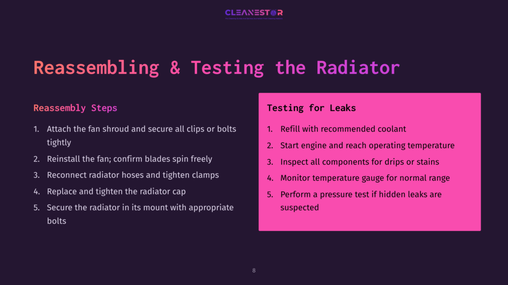 8 Reassembling And Testing The Radiator Diagram Illustrating The Steps For Reassembling And Testing A Car Radiator For Leaks, With Text Detailing The Process.