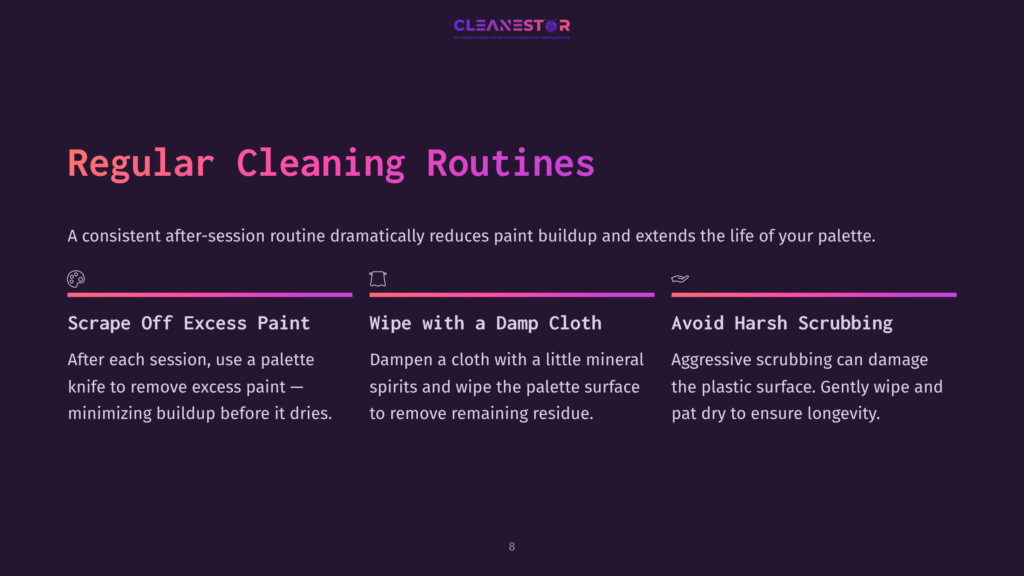 Cleanestor Logo With Text &Quot;Regular Cleaning Routines&Quot; And Icons For Scraping Paint, Wiping With Damp Cloth, And Avoiding Harsh Scrubbing.