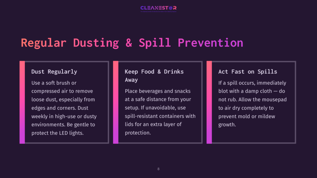 A Dark Purple Background Displays Three Columns Of Text With Tips For Regular Dusting And Spill Prevention. The Left Column, Titled &Quot;Dust Regularly,&Quot; Advises Using Soft Brush Or Compressed Air. The Middle Column, &Quot;Keep Food &Amp; Drinks Away,&Quot; Suggests Placing Them Safely Away From Setups. The Right Column, &Quot;Act Fast On Spills,&Quot; Recommends Blotting With A Damp Cloth.