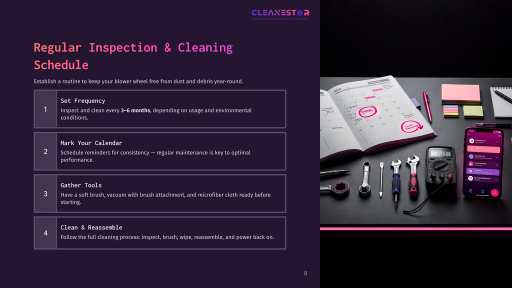 8 Regular Inspection And Cleaning Schedule A Detailed Schedule For Cleaning And Maintenance Of A Blower, With Steps Including Set Frequency, Mark Your Calendar, Gather Tools, And Clean &Amp; Reassemble. The Schedule Is Presented On A Dark Background With Purple Text.