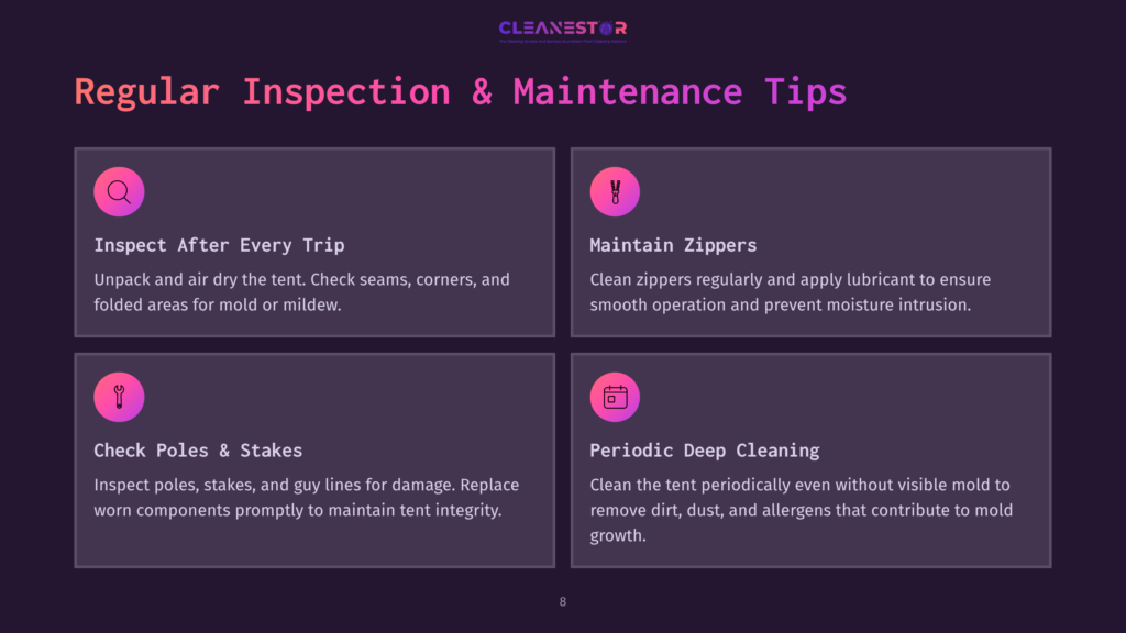 Infographic With The Title &Quot;Regular Inspection &Amp; Maintenance Tips&Quot; From Cleanestor, Featuring Four Sections: &Quot;Inspect After Every Trip&Quot;, &Quot;Maintain Zippers&Quot;, &Quot;Check Poles &Amp; Stakes&Quot;, And &Quot;Periodic Deep Cleaning&Quot;, Each With An Icon And Descriptive Text.