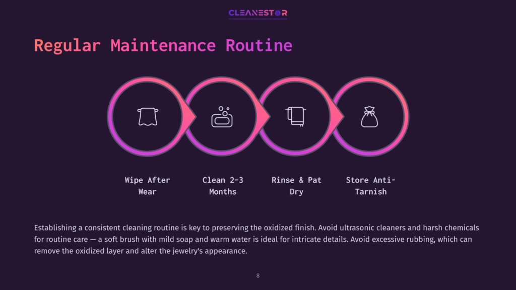 8 Regular Maintenance Routine Infographic Detailing A Regular Maintenance Routine For Jewelry: Wipe After Wear, Clean 2-3 Months, Rinse &Amp; Pat Dry, Store Anti-Tarnish. The Text &Quot;Cleanestor&Quot; Is At The Top.