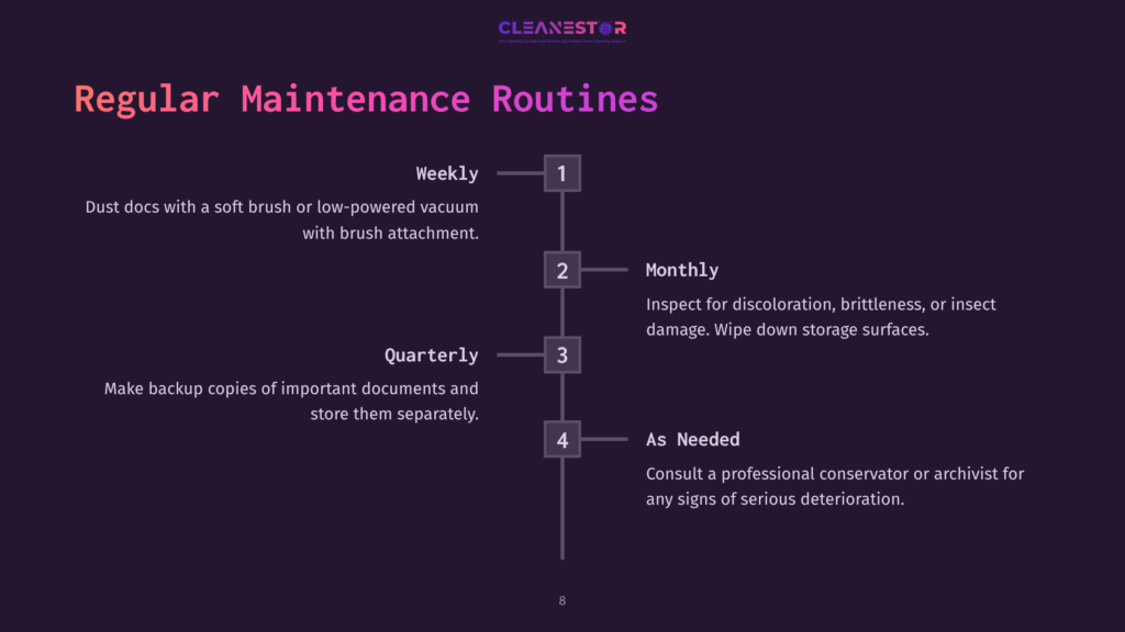 A Dark Purple Graphic Displays &Quot;Regular Maintenance Routines&Quot; With A Timeline For Weekly, Quarterly, And Monthly Tasks, Including Inspecting Documents And Backing Up Copies.
