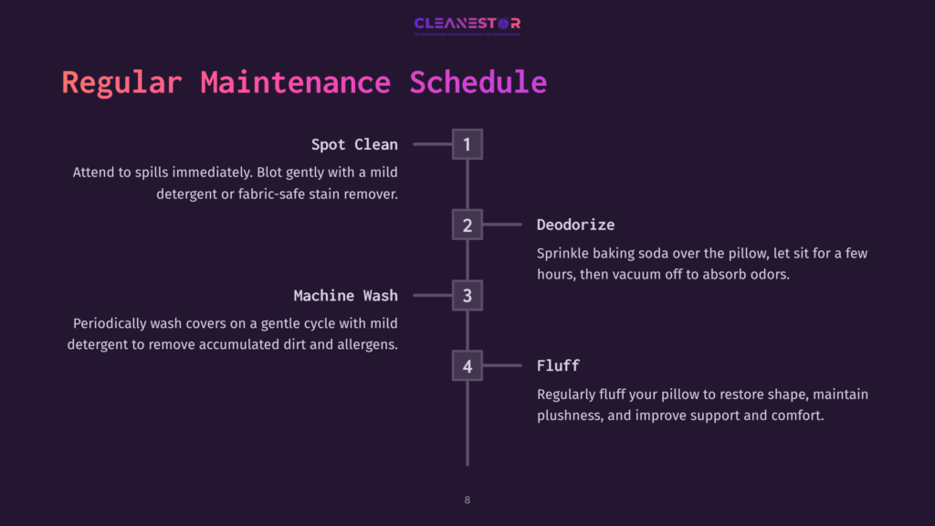 Cleanestor Regular Maintenance Schedule For Pillows: Spot Clean, Machine Wash, Deodorize With Baking Soda, And Fluff To Restore Shape And Comfort.