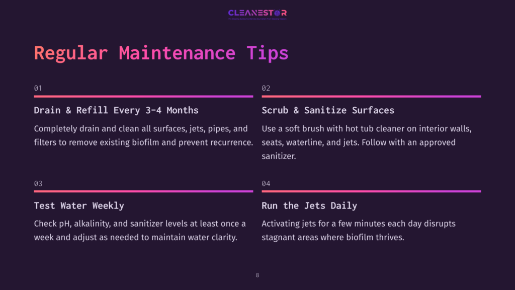 Cleanestor Logo Above &Quot;Regular Maintenance Tips&Quot; Title. Sections Detail: Drain &Amp; Refill Every 3-4 Months, Scrub &Amp; Sanitize Surfaces, Test Water Weekly, Run The Jets Daily.