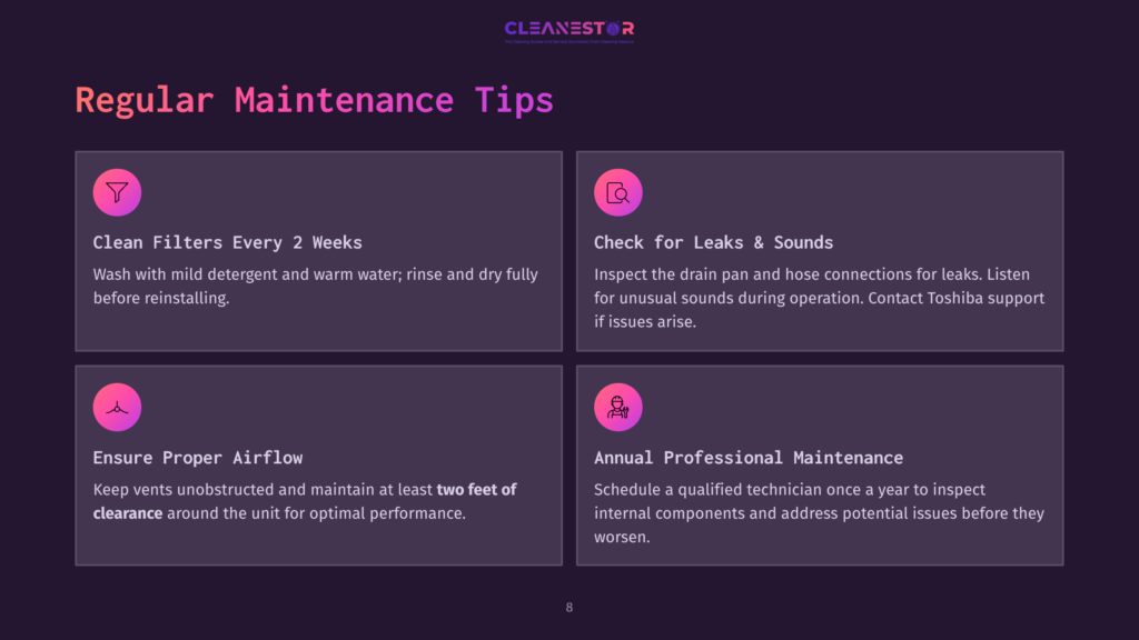 Infographic With The Title &Quot;Regular Maintenance Tips&Quot; For Cleaning Services, Featuring Four Sections: &Quot;Clean Filters Every 2 Weeks,&Quot; &Quot;Check For Leaks &Amp; Sounds,&Quot; &Quot;Ensure Proper Airflow,&Quot; And &Quot;Annual Professional Maintenance.