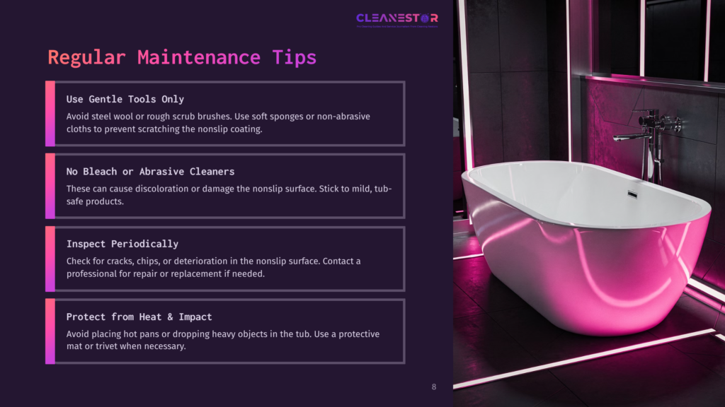 8 Regular Maintenance Tips 3 A Luxurious, Modern Bathtub With A Pink Glow Sits In A Dimly Lit Bathroom. The Image Also Displays A Graphic With &Quot;Cleanestor&Quot; Logo And &Quot;Regular Maintenance Tips&Quot; Title, Along With Four Bullet Points For Tub Care.