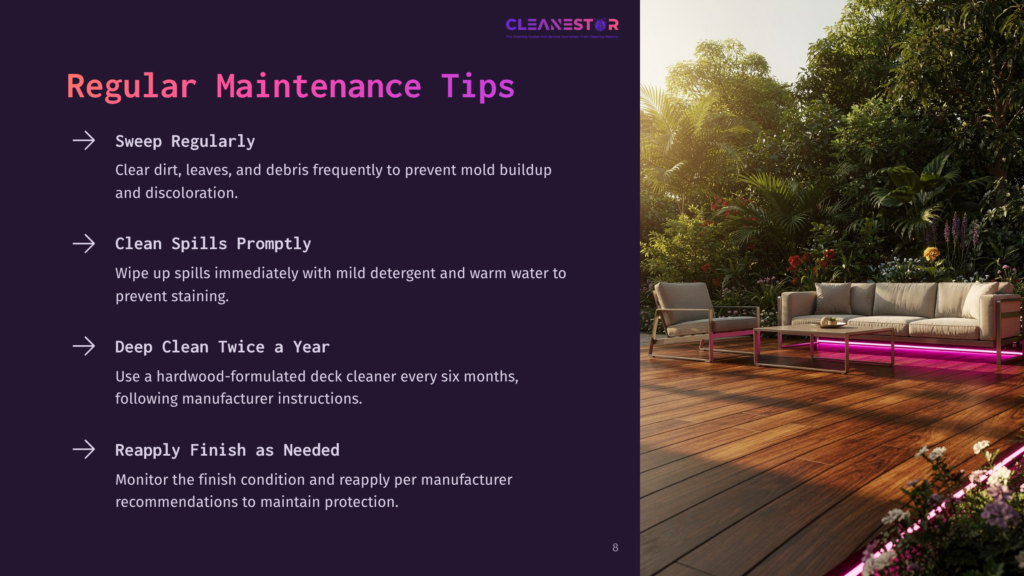 8 Regular Maintenance Tips 4 A Modern Outdoor Living Space With A Plush Sectional Sofa And Coffee Table On A Wooden Deck At Sunset. The Deck Is Illuminated By Subtle Led Strip Lights, Highlighting The Warm Wood Tones And The Lush Green Plants Surrounding The Area.