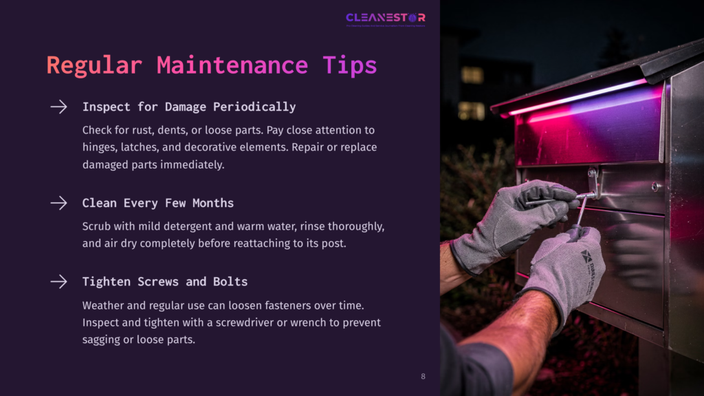 8 Regular Maintenance Tips 5 Close-Up Of Gloved Hands Tightening A Screw On A Stainless Steel Mailbox With Purple Led Lights, Illustrating Regular Maintenance Tips.