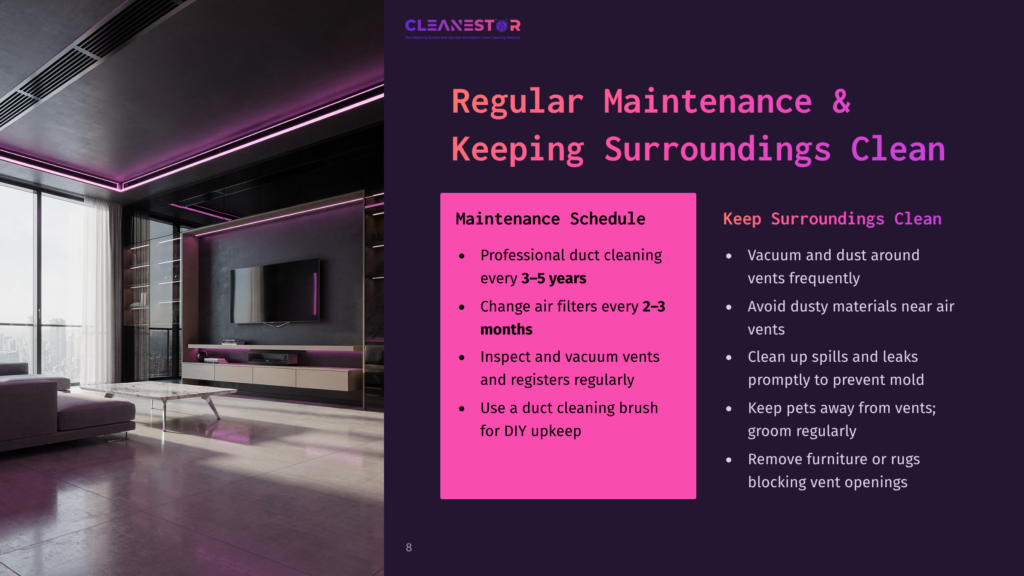 Modern Living Room With Sleek Entertainment Center, Large Tv, And Ambient Neon Lighting. Text Overlay: &Quot;Cleanestor Regular Maintenance &Amp; Keeping Surroundings Clean&Quot;.
