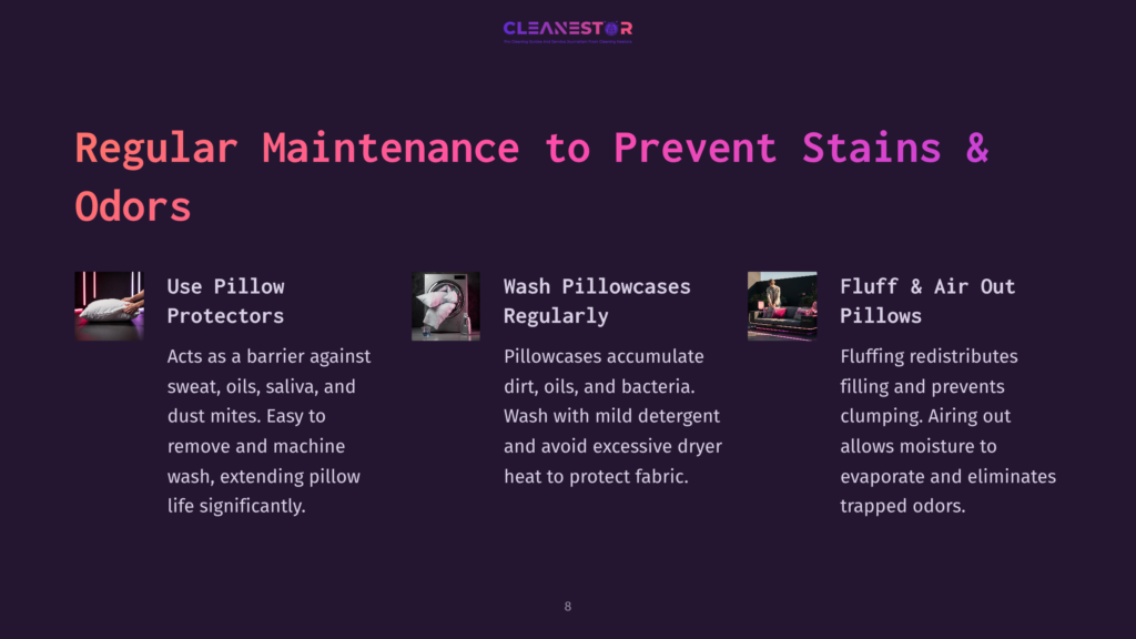 8 Regular Maintenance To Prevent Stains And Odors Three Images Illustrating Regular Maintenance To Prevent Stains And Odors: Using Pillow Protectors, Washing Pillowcases, And Fluffing Pillows. Text Reads &Quot;Regular Maintenance To Prevent Stains &Amp; Odors.