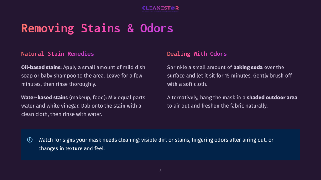 A Slide Titled &Quot;Removing Stains &Amp; Odors&Quot; From Cleanestor Provides Tips For Natural Stain Removal, Including Oil-Based And Water-Based Stains, And How To Deal With Odors Using Baking Soda And Outdoor Airing.