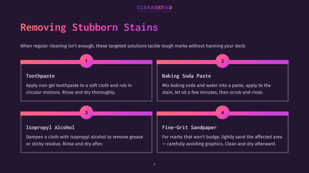Infographic Titled &Quot;Removing Stubborn Stains&Quot; With Four Numbered Sections Detailing Cleaning Solutions: 1. Toothpaste For Cleaning Marks, 2. Baking Soda Paste For Tough Stains, 3. Isopropyl Alcohol For Grease And Sticky Residue, 4. Fine-Grit Sandpaper For Scuffs.