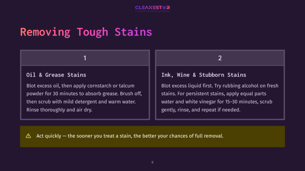 A Presentation Slide Titled &Quot;Removing Tough Stains&Quot; With Two Columns Detailing Stain Removal Methods For Oil &Amp; Grease Stains And Ink, Wine &Amp; Stubborn Stains. A Warning About Acting Quickly Is At The Bottom.