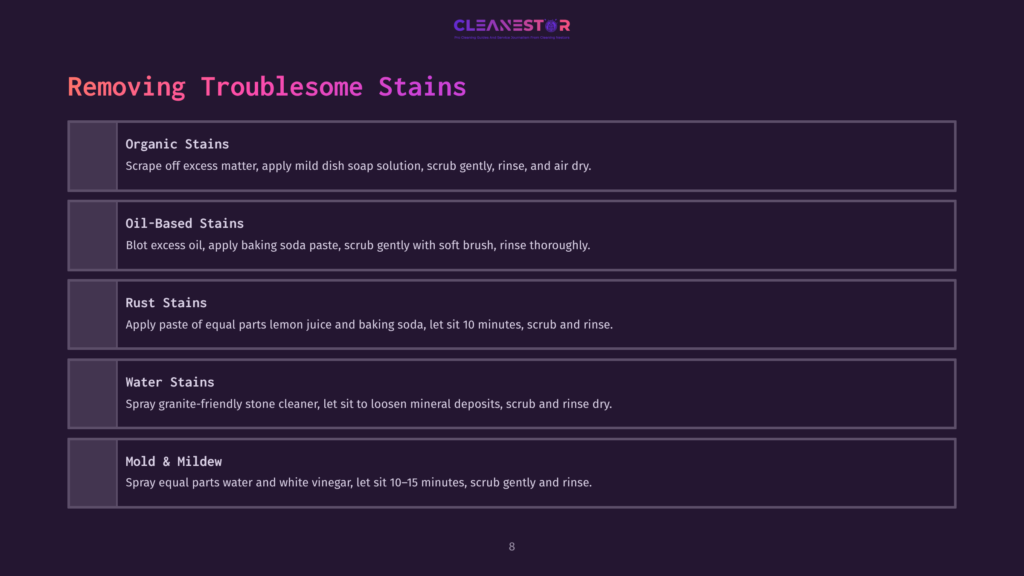 A Dark Purple Slide With The Title &Quot;Removing Troublesome Stains&Quot; Lists Five Types Of Stains And Their Removal Methods: Organic Stains, Oil-Based Stains, Rust Stains, Water Stains, And Mold &Amp; Mildew.