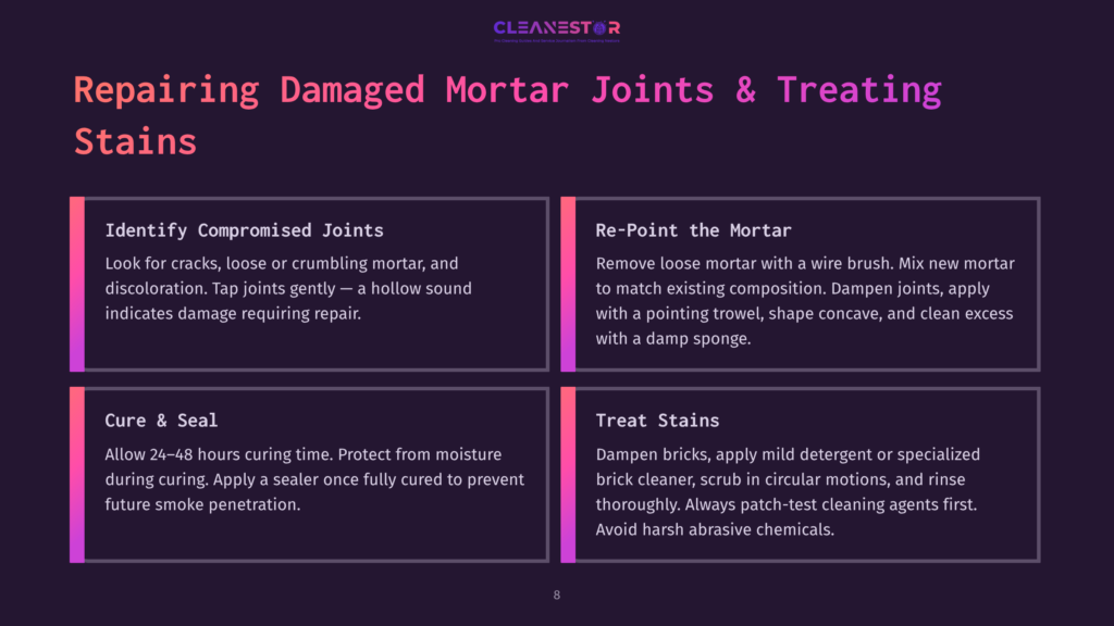 Infographic Detailing How To Repair Damaged Mortar Joints And Treat Stains. Sections Cover Identifying Compromised Joints, Re-Pointing Mortar, Curing And Sealing, And Treating Stains.