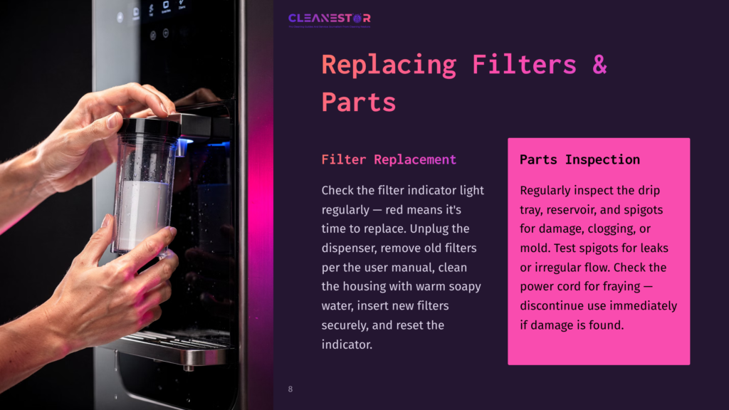 Close-Up Of Hands Replacing A Filter In A Cleanestor Coffee Machine. The Machine Is Black And Silver With A Glowing Blue Light. Text Overlays Provide Instructions For Filter Replacement And Parts Inspection.