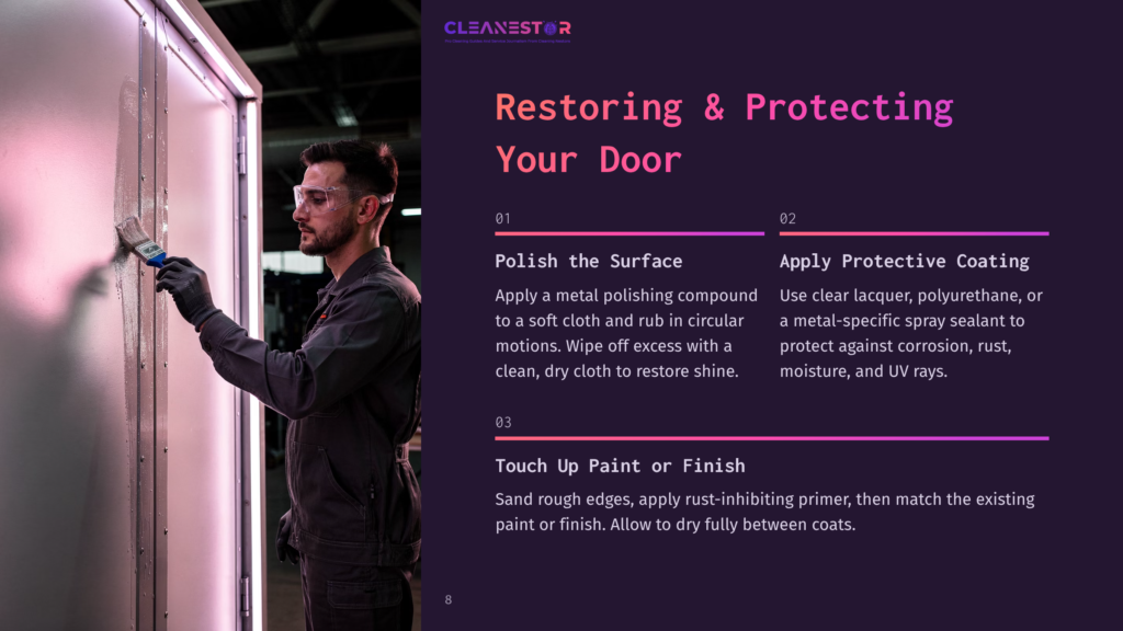 A Man In Overalls And Safety Glasses Applies A Protective Coating To A Large Metal Door With A Paintbrush, Restoring And Protecting Its Surface.