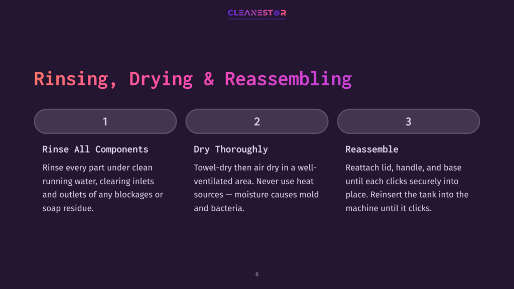 Cleanestor Machine Maintenance Steps: Rinsing, Drying &Amp; Reassembling. Step 1: Rinse All Components. Step 2: Dry Thoroughly. Step 3: Reassemble.