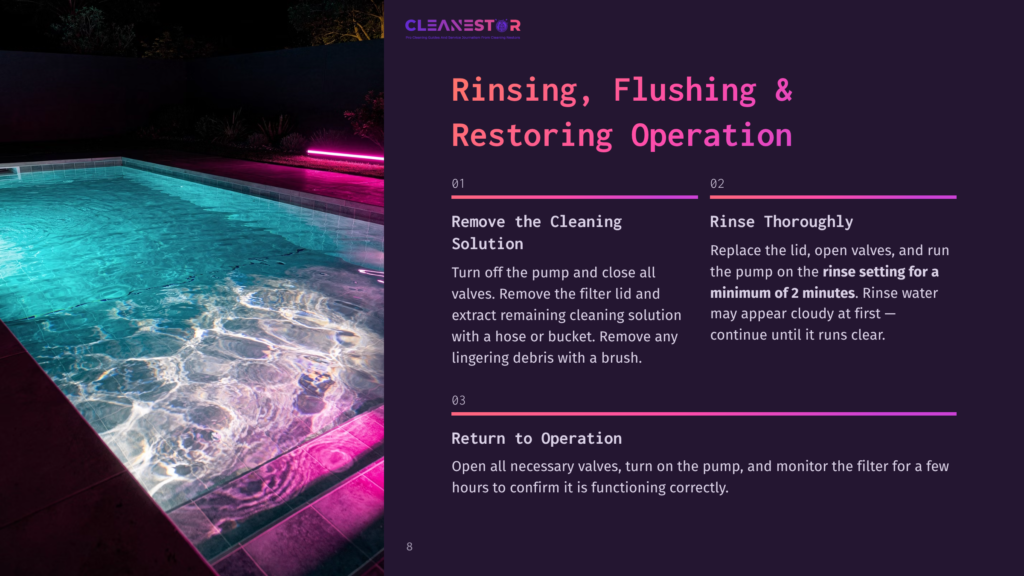 8 Rinsing Flushing And Restoring Operation A Beautifully Lit Swimming Pool At Night With Vibrant Pink And Turquoise Neon Lights Reflecting On The Water. Text Overlays Describe &Quot;Rinsing, Flushing &Amp; Restoring Operation&Quot; With Steps 01, 02, And 03.