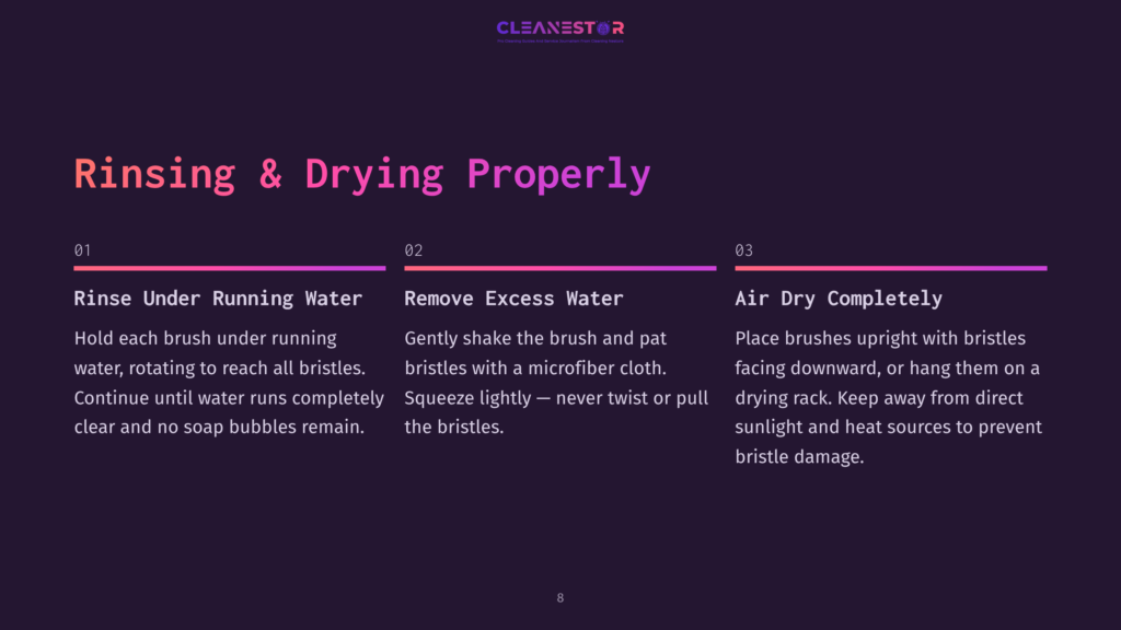 Rinsing &Amp; Drying Properly: Step 1: Rinse Under Running Water, Step 2: Remove Excess Water, Step 3: Air Dry Completely. Instructions For Cleaning Brushes.