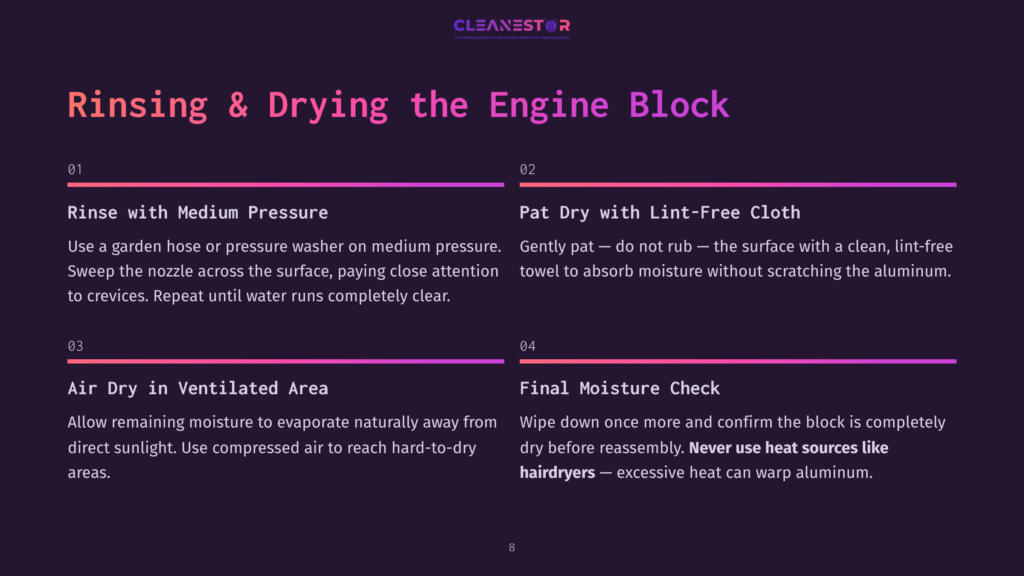 Diagram Detailing The Steps For Rinsing And Drying An Engine Block: 1. Rinse With Medium Pressure Water, 2. Pat Dry With Lint-Free Cloth, 3. Air Dry In Ventilated Area, 4. Final Moisture Check, Emphasizing To Never Use Heat Sources Like Hairdryers.