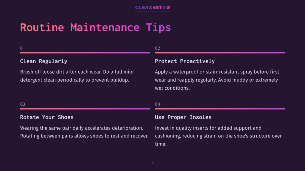 8 Routine Maintenance Tips Graphic With &Quot;Routine Maintenance Tips&Quot; In Large Purple And Pink Text. Sections Detail Cleaning Regularly, Protecting Proactively, Rotating Shoes, And Using Proper Insoles For Shoe Care.