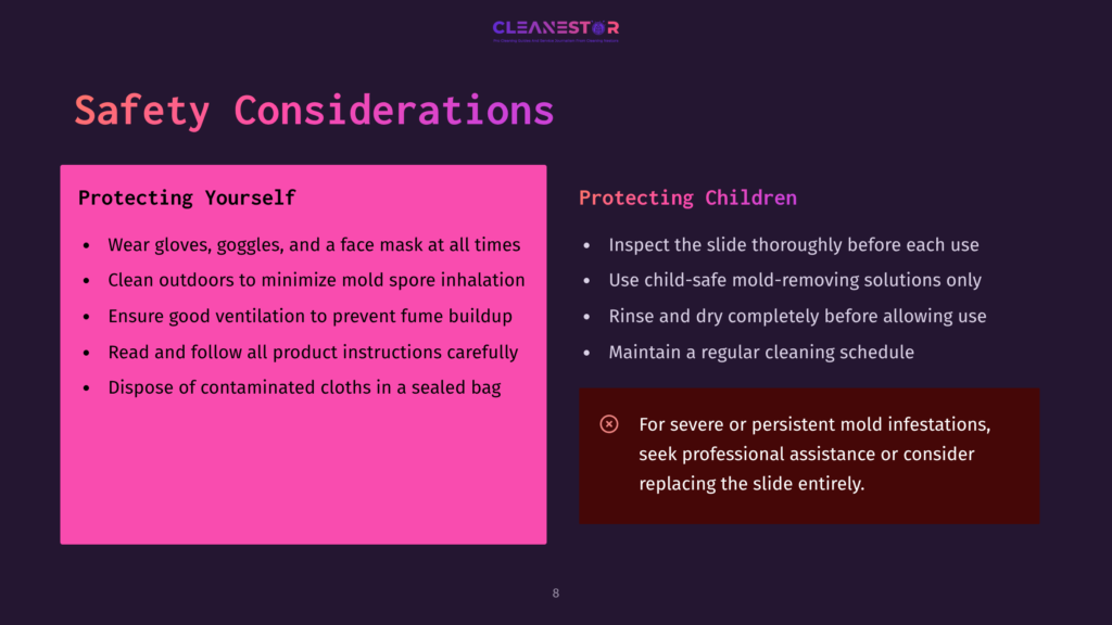 8 Safety Considerations Presentation Slide Titled &Quot;Safety Considerations&Quot; With Two Columns: &Quot;Protecting Yourself&Quot; And &Quot;Protecting Children.&Quot; The Left Column Lists Safety Tips For Personal Protection, Such As Wearing Gloves And Masks, While The Right Column Details Precautions For Children, Including Slide Inspection And Rinsing.
