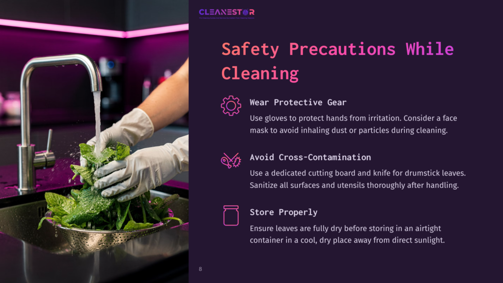 Hands In Gloves Washing Fresh Mint Leaves Under A Faucet In A Modern Kitchen Sink, With &Quot;Safety Precautions While Cleaning&Quot; Text Overlay.