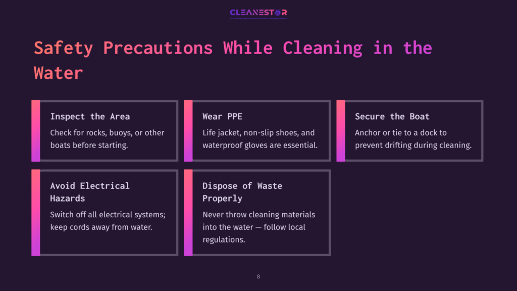 Infographic Titled &Quot;Safety Precautions While Cleaning In The Water,&Quot; With Sections On Inspecting The Area, Wearing Ppe, Securing The Boat, Avoiding Electrical Hazards, And Proper Waste Disposal.