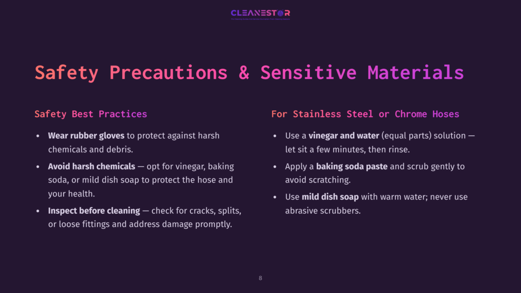 8 Safety Precautions And Sensitive Materials A Dark Purple Slide With The Title &Quot;Safety Precautions &Amp; Sensitive Materials&Quot; And Two Columns Of Safety Tips. The Left Column, &Quot;Safety Best Practices,&Quot; Lists Wearing Rubber Gloves, Avoiding Harsh Chemicals, And Inspecting Before Cleaning. The Right Column, &Quot;For Stainless Steel Or Chrome Hoses,&Quot; Advises Using Vinegar And Water, Baking Soda Paste, And Mild Dish Soap With Warm Water, Avoiding Abrasive Scrubbers.