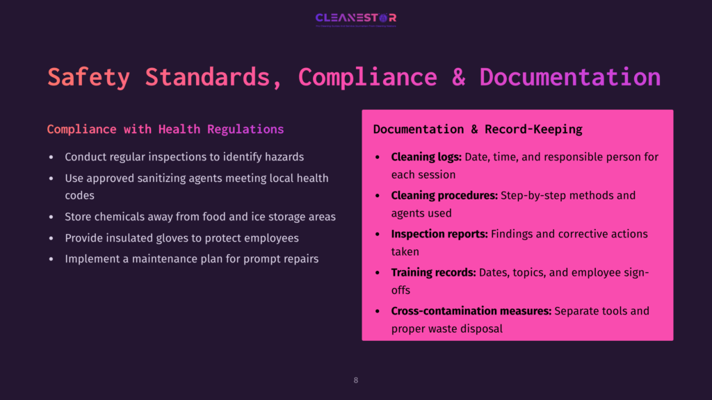 Slide Titled &Quot;Safety Standards, Compliance &Amp; Documentation&Quot; Listing Requirements For Health Regulations, Cleaning Logs, Procedures, Inspection Reports, And Cross-Contamination Measures.
