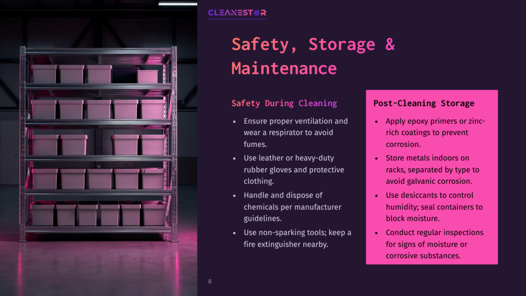A Clean, Modern Storage Rack Filled With Identical Pink Storage Bins Is Shown, With &Quot;Cleanestor Safety, Storage &Amp; Maintenance&Quot; Text Overlay. The Image Highlights Safe Storage Practices.