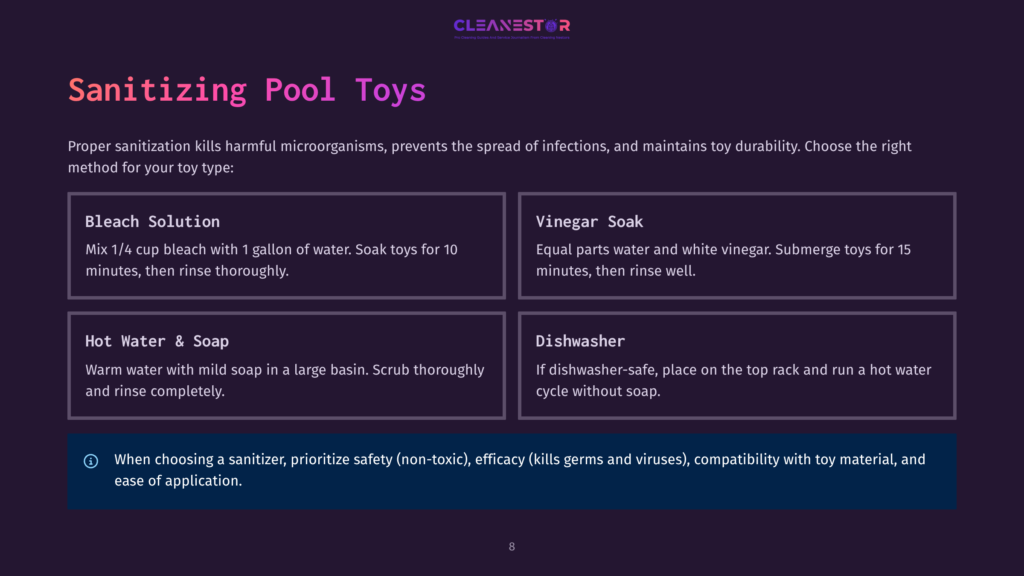 Infographic Detailing Four Methods For Sanitizing Pool Toys: Bleach Solution, Vinegar Soak, Hot Water And Soap, And Dishwasher. Includes A Safety Warning In English.