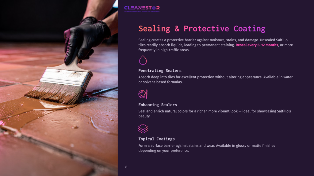 8 Sealing And Protective Coating Close-Up Of A Brush With Brown Sealant Being Applied To A Terracotta Tile Floor, Highlighting The Sealing And Protective Coating Process For Saltillo Tiles.